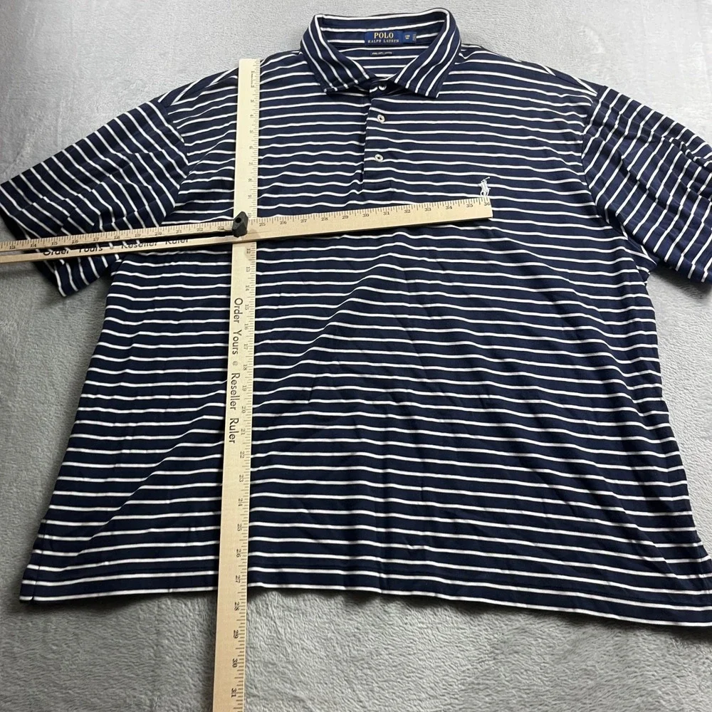 Polo Ralph Lauren Men 2XB Big Navy Blue White Striped Pima Soft Touch Polo Shirt